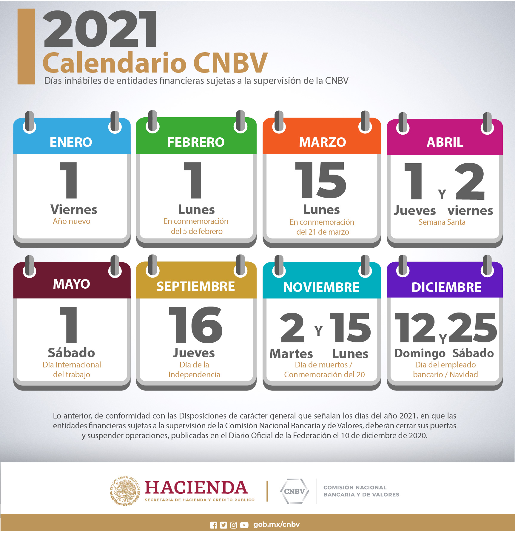 Calendario de días inhábiles bancarios